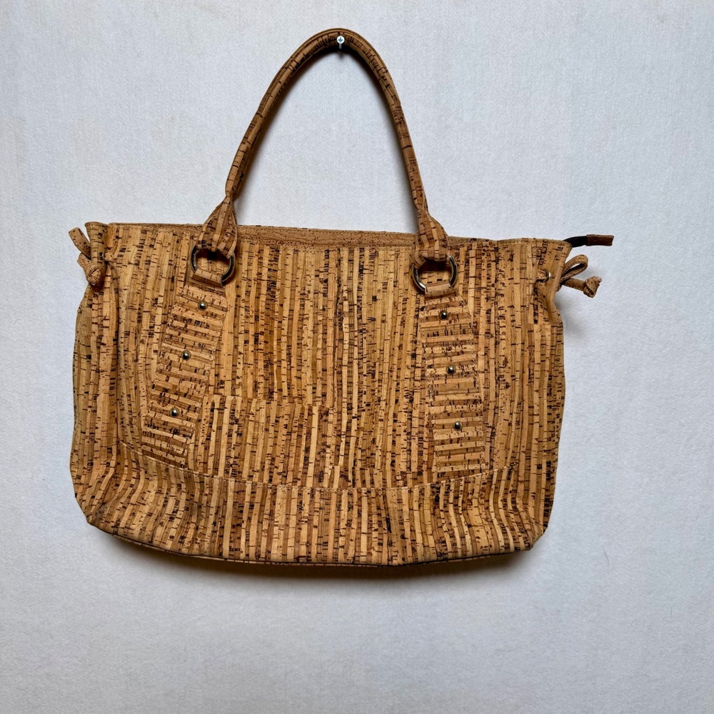 Cork Natural Sustainable Wood Grain Striped Tote Bag Tan Brown Olive Lining